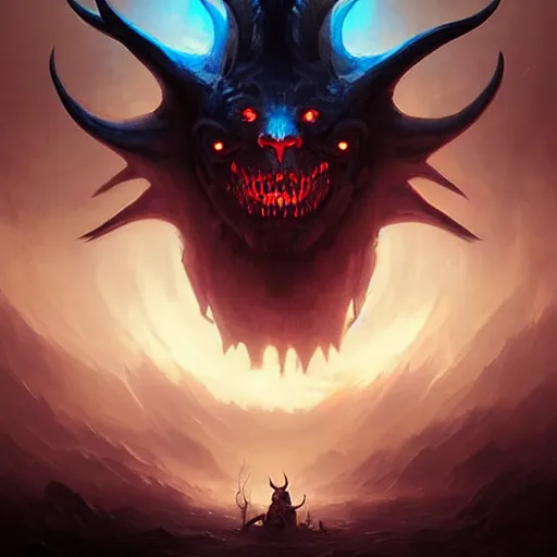 Image similar to demonic dark smiling creature with blue eyes and horns full blacked made by ivan aivazovsky, peter mohrbacher, greg rutkowski volumetric light effect broad light oil painting painting fantasy art style sci - fi art style realism premium prints available artwork unreal engine