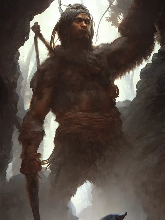 Prompt: male warrior is blessed by the black bear god, inside a cave, highly detailed, detailed face, smooth, sharp focus, chiaroscuro, digital painting, artgerm, greg rutkowski, alphonse mucha, octane