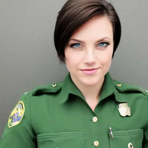 Prompt: portrait of young woman, green eyes, brunette, short flip bob hair, smirk, officer uniform