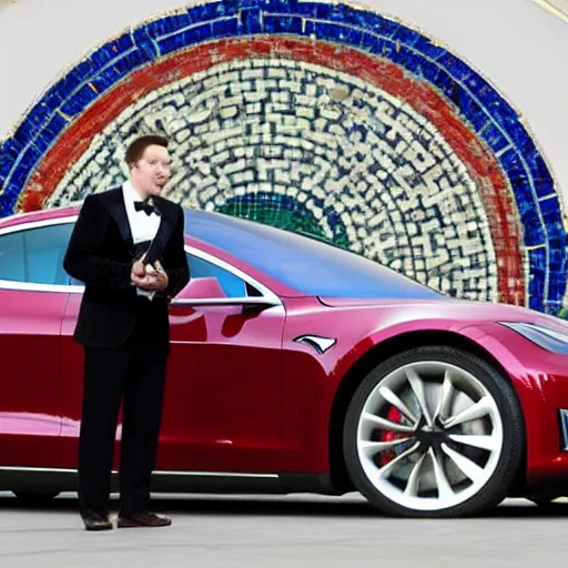 Image similar to a beautiful roman mosaic of elon musk unveiling a new tesla car