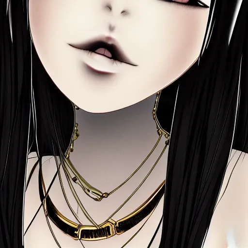 Prompt: headshot of a young gothic anime woman with black hair and golden highlights, wearing a black necklace and with pretty makeup, drawn by WLOP, by Avetetsuya Studios, anime drawing, trending on artstation