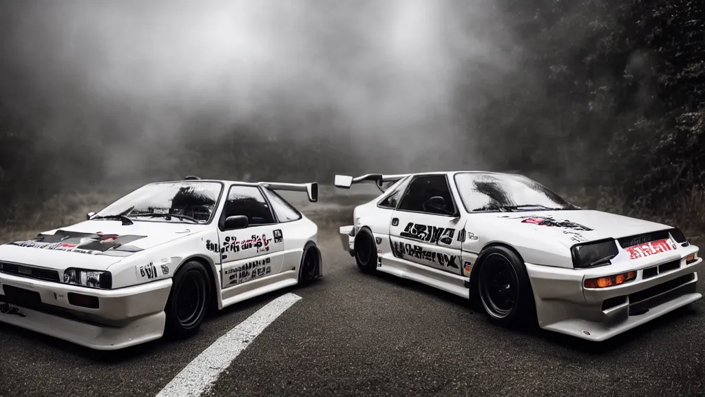 Prompt: takumi fujiwara's toyota ae 8 6 takumi fujiwara's toyota ae 8 6, cinematic, nikon d 7 5 0, long exposure, white balance, 8 k, led, lumen global illumination, fog, ray tracing reflections, fxaa, rtx, post - production