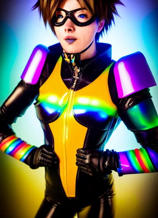 Image similar to hyperrealistic style portrait of tracer overwatch, confident pose, wearing black iridescent rainbow latex, rainbow, neon, 4 k, expressive happy smug expression, makeup, in style of mark arian, wearing detailed black leather collar, wearing sleek armor, black leather harness, expressive detailed face and eyes,