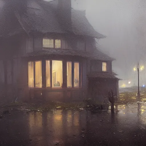 Prompt: a house in the rain, Shadow Realm, Greg Rutkowski, wet floors