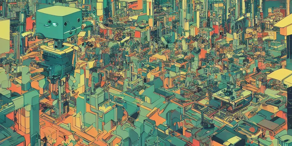 Image similar to gigantic robotic drones with lasers with human faces catch tiny robots, a lot of exotic plants around, human heads everywhere, risograph by satoshi kon and moebius, no text!, colorful flat surreal design, super - detailed, a lot of tiny details, fullshot