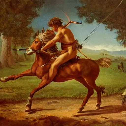 Prompt: A centaur prancing, and shooting an arrow by a bow in a battle at golden hour, epic, fantasy, oil painting