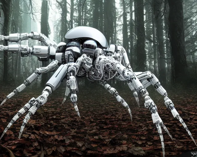 Image similar to photo of a giant huge white crystal terminator spider with heavy duty biomechanical hydraulic cybernetic body with antennas and visor cogs and gears and components in the forest. cyberpunk horror style. highly detailed 8 k. intricate. nikon d 8 5 0 5 5 mm. award winning photography.