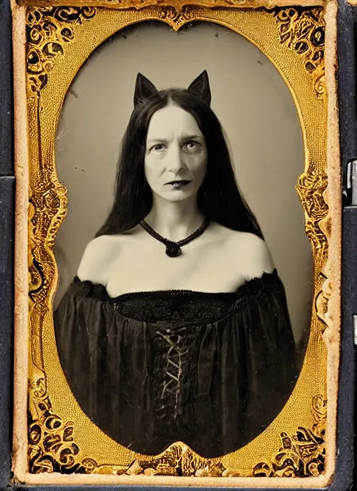 Prompt: daguerreotype ambrotype of the witch with terror aspect, memento mori, very detailed, morticia, black cat