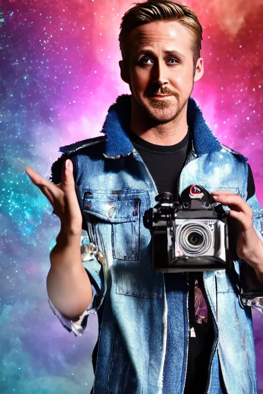 Prompt: Ryan Gosling with silver-violet hair, white eyes inflated press and denim glittery vest, wide lens, diorama, 4k,