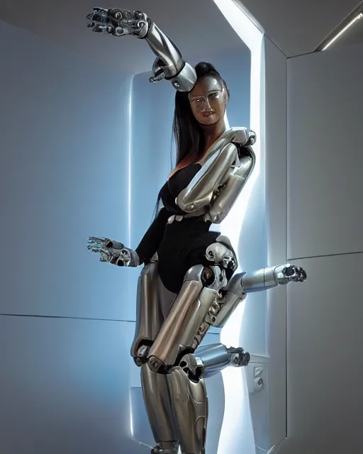 Prompt: blissful young tia carrere as a solarpunk mecha humanoid robotic parts with bright led lights, real human face, pudica pose gesture, by michelangelo, in white room, ultra - realistic and intricate, portrait shot 8 k