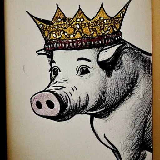 Prompt: detailed sketches of a pig wearing a gold crown by Bill Watterson drawn like saturday morning cartoons