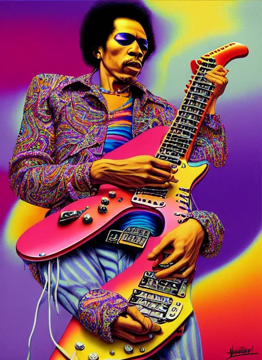 Image similar to hyper detailed 3d render like a Oil painting - Jimi Hendrix aerochrome and milky Fruit playing a white left-handed stratocaster guitar with his teeth, iridescent paisley patterns by Jacek Yerka, Ilya Kuvshinov, Mariusz Lewandowski, Houdini algorithmic generative render, Abstract brush strokes, Masterpiece, Edward Hopper and James Gilleard, Zdzislaw Beksinski, Mark Ryden, Wolfgang Lettl, hints of Yayoi Kasuma, octane render, 8k