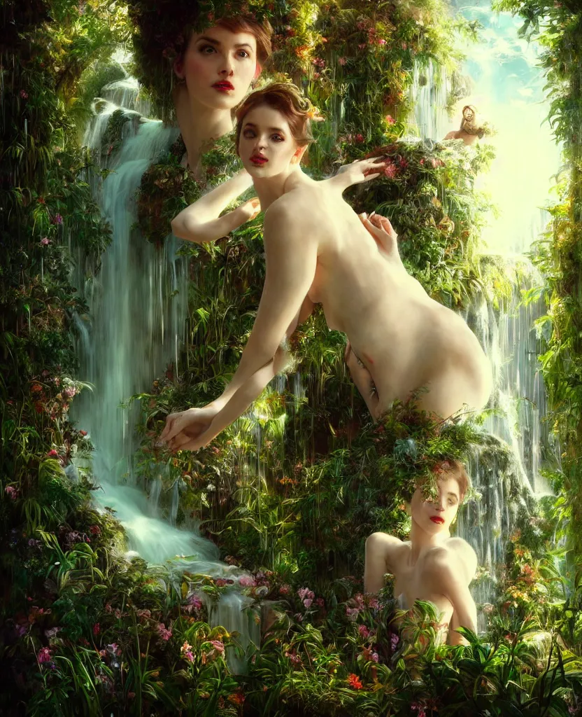 Image similar to hyper realistic photographer looking through a vintage medium format camera, magic pouring from lens, fantasy castle, full body waterfall dress, design on white background, beautiful details, lush foliage cyberpunk, gold, drawn by john singer sargent, tom bagshaw, norman rockwell, alphonso mucha, lolish, trending on artstation