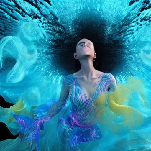 Prompt: woman dancing underwater wearing a flowing dress made of blue, magenta, and yellow seaweed, delicate coral sea bottom, swirling silver fish, swirling smoke shapes, octane render, caustics lighting from above, cinematic, hyperdetailed