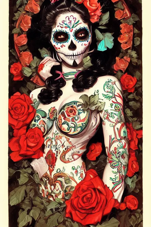 Image similar to illustration of a sugar skull day of the dead girl, art by j c leyendecker