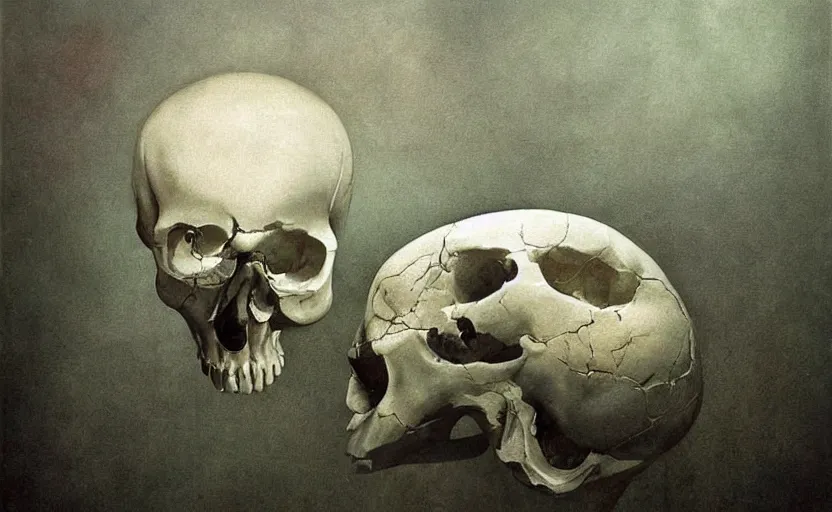 Prompt: a surrealistic painting of the slate theory origin and a human skull, in the style of zdzislaw beksinski and mark ryden, digital art, detailed masterpiece