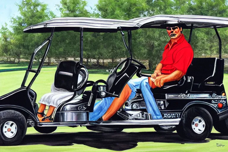 Prompt: black velvet painting of burt reynolds from smokey and the bandit driving a golf cart