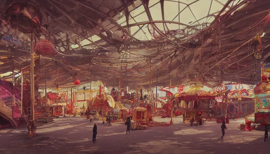 Image similar to Dusty abandoned indoor fairground, hyperdetailed, artstation, cgsociety, 8k