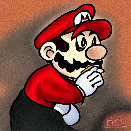 Prompt: mario in court for murdering so many goombas ( court drawing, greatly illustrated )