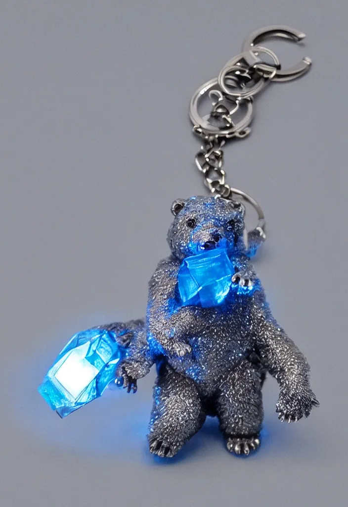 Image similar to a small blue crystal bear keychain by greg rutkowski, sung choi, mitchell mohrhauser, maciej kuciara, johnson ting, maxim verehin, peter konig, 8 k photorealistic, cinematic lighting, hd, high details, dramatic, atmosphereric, trending on artstation