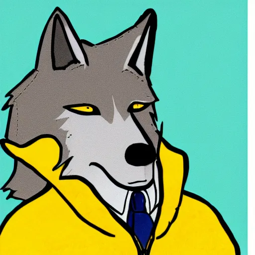 Image similar to cartoon sketch of a faceless wolf wearing a yellow raincoat