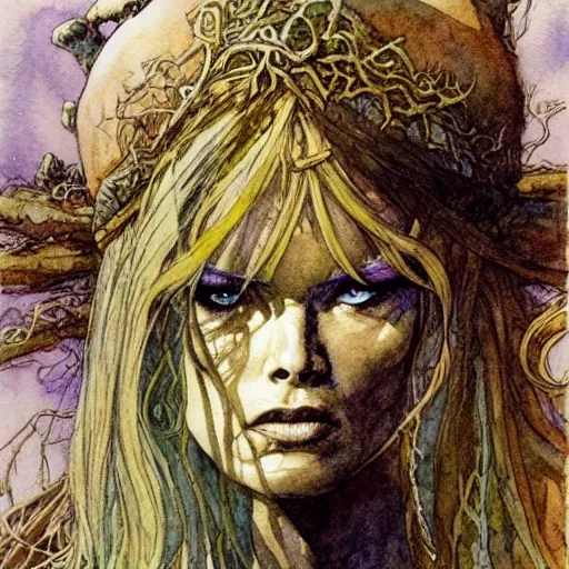 Image similar to a realistic and atmospheric watercolour fantasy character concept art portrait of brigitte bardot as a druidic warrior wizard looking at the camera with an intelligent gaze by rebecca guay, michael kaluta, charles vess and jean moebius giraud