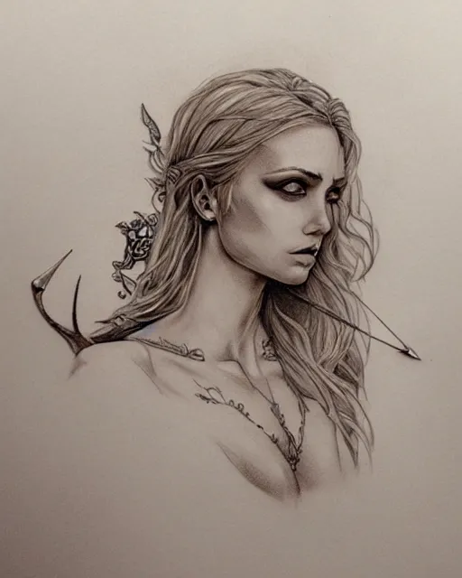 Image similar to tattoo sketch of beautiful greek goddess aphrodite, bow and arrow, beautiful piercing eyes, flowing blonde hair, realistic face, hyper realistic, in the style of greg rutkowski, fantasy, amazing detail, epic, intricate, elegant, smooth, sharp focus