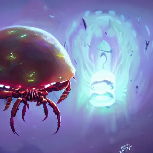 Image similar to lovecraft, migo, fungoid crab with wings, glowing head, flying, night sky, eldritch, highly detailed, digital painting, artstation, concept art, matte, sharp focus, illustration