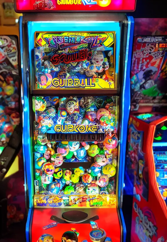 Image similar to cyberpunk gumball gashapon machine, filled with cute toys, in an arcade