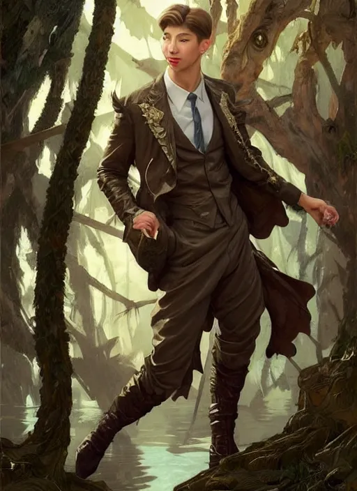 Prompt: harmony of swamp, handsome buff namjoon with owl wings & tail wearing jacket & pants, amazing composition & dynamic posing, by franz xavier leyendecker, wlop! muted colors, highly detailed, fantasy art by craig mullins, thomas kinkade cfg _ scale 9