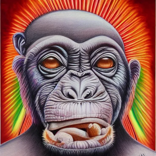 Prompt: alex grey painting of a chimpanzee holding up a bone