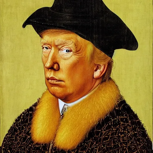 Prompt: portrait of donald trump, oil painting by jan van eyck, northern renaissance art, oil on canvas, wet - on - wet technique, realistic, expressive emotions, intricate textures, illusionistic detail n - 9