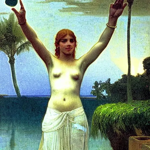 Image similar to Girl throwing gand signs at the palace, thunderstorm, pool, beach and palm trees on the background major arcana sky, by paul delaroche, alphonse mucha and arnold böcklin arnold böcklin hyperrealistic 8k, very detailed