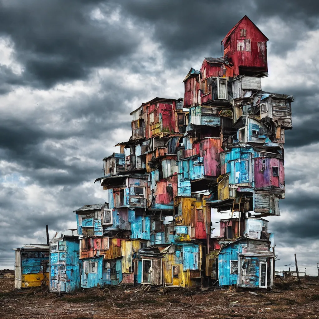 Prompt: close - up towers made up of colourful makeshift squatter shacks, bleached colours, dramatic cloudy sky, dystopia, mamiya, very detailed, ultra sharp, photographed by john chiara