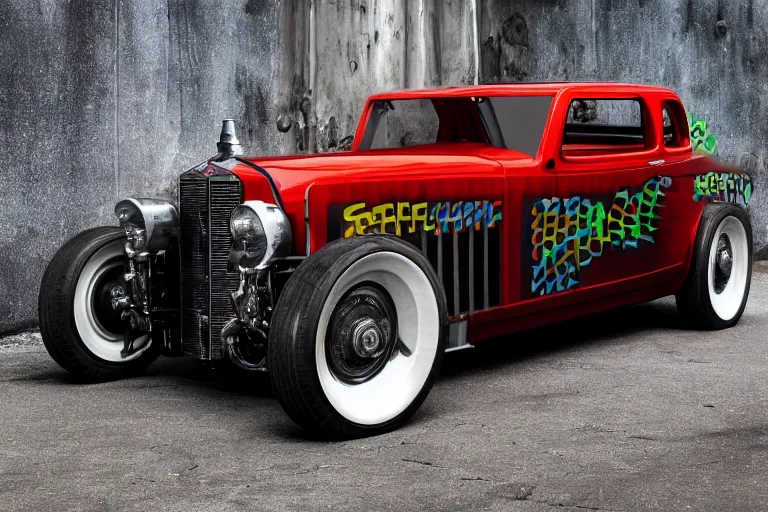 Image similar to full color photo of cyberpunk version of a 1 9 3 0 cadillac v 1 6