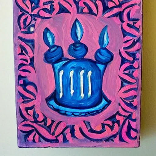 Prompt: sign with pink flowers painted on it that says'shabbat shalom ', beautiful painting, intricate, blue, purple