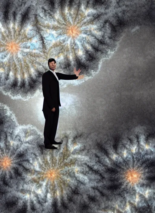 Prompt: matte painting of man in suit with black mandelbrot fractal as head