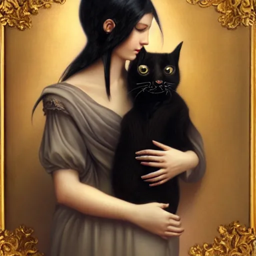 Image similar to a painting of a woman holding a cat, a photorealistic painting by tom bagshaw and ( ( ( mark ryden ) ) ), trending on deviantart, gothic art, ilya kuvshinov, goth, storybook illustration