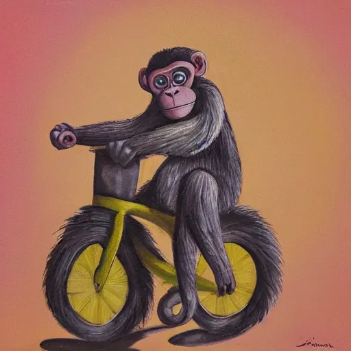 Prompt: a monkey riding a bike by dana regan