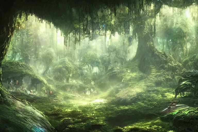 Image similar to fairy kingdom forest, miyazaki, nausicaa, hyper realistic, ambient lighting, concept art, intricate, hyper detailed, smooth, dynamic volumetric lighting, octane, raytrace, cinematic, high quality, high resolution, 4 k, cgsociety