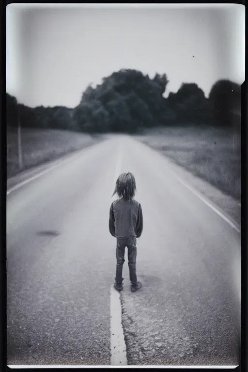 Image similar to photo polaroid of a sad and lonely child in the middle of a road with field hospitals around, pandemic, loneliness, black and white ,photorealistic, 35mm film,