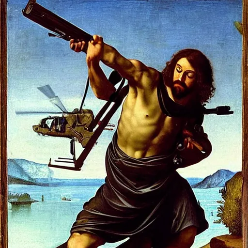 Prompt: Jesus Christ as Rambo hanging from a helicopter and shooting a gun ,Caravaggio