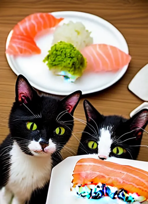 Image similar to clear photograph of cute cats stealing sushi from sushi plates