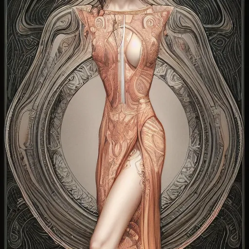 Prompt: wearing a full tight curvy long dress female, soft painting of curiosities and cyber illusions, perfectly detailed linework, symmetrical accurate intricate sensual features, highly detailed, artstation, sharp focus, tom bagshaw