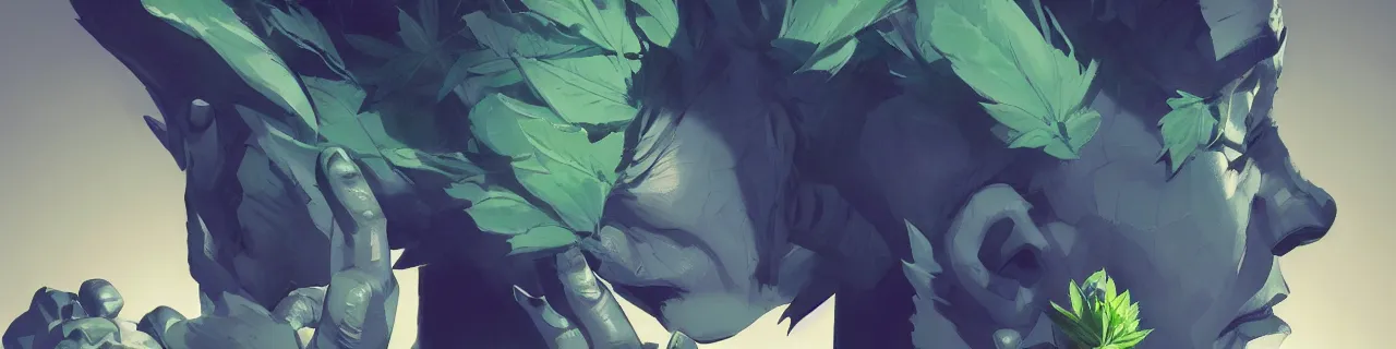 Image similar to duotone concept illustration 3 / 4 portrait face of marijuana, baby groot, cannabis, cinematic volumentric lighting, jim cheung, david marquez, mike deodato jr, ilya kuvshinov, makoto shinka, behance hd by jesper ejsing, by rhads, hyper detailed, octane render, concept art, artstation