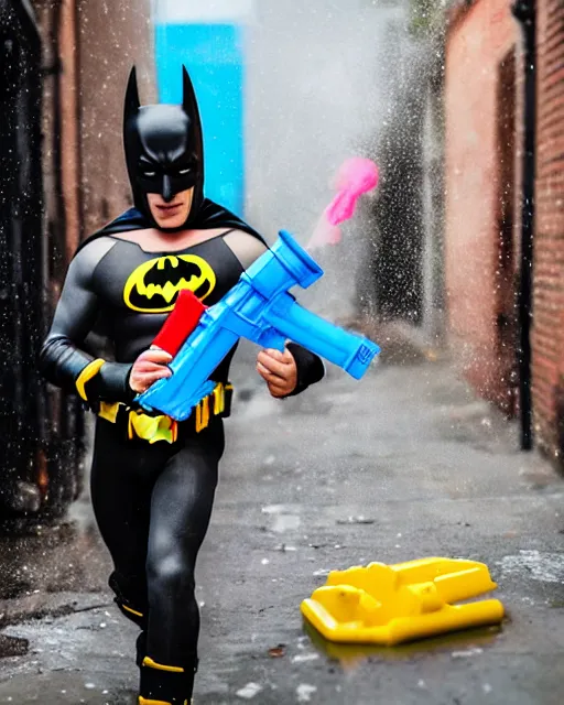 Image similar to happy batman firing super soaker water gun in an alleyway, everyone having fun, toy product advertisement, photography