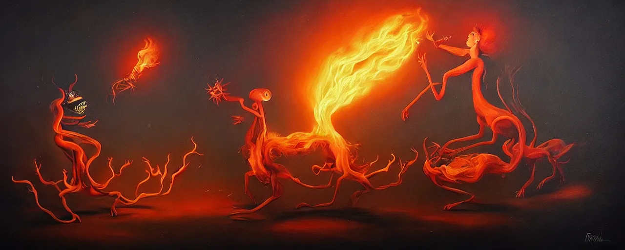 Image similar to whimsical fiery alchemical creatures, surreal dark uncanny painting by ronny khalil