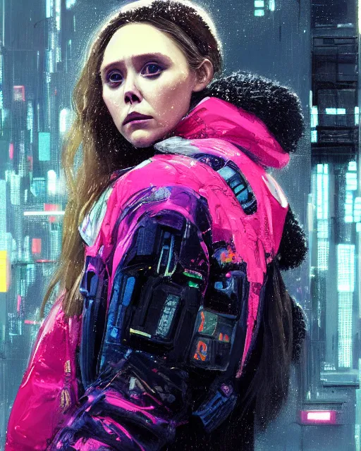 Prompt: detailed portrait of elizabeth olsen as a neon operator girl, cyberpunk futuristic, neon, reflective puffy coat, decorated with traditional japanese by ismail inceoglu dragan bibin hans thoma greg rutkowski alexandros pyromallis nekro rene margitte, illustrated, perfect face, fine details, realistic shaded, fine - face, pretty face