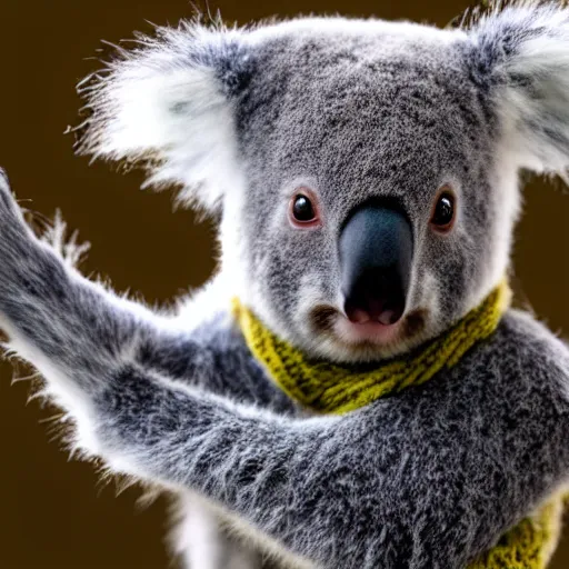 Prompt: baby koala wearing a scarf, 4k photography