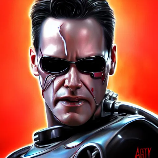 Image similar to an image of T-800 from Terminator and Keanu Reeves combined by Artgerm, digital art, artstation